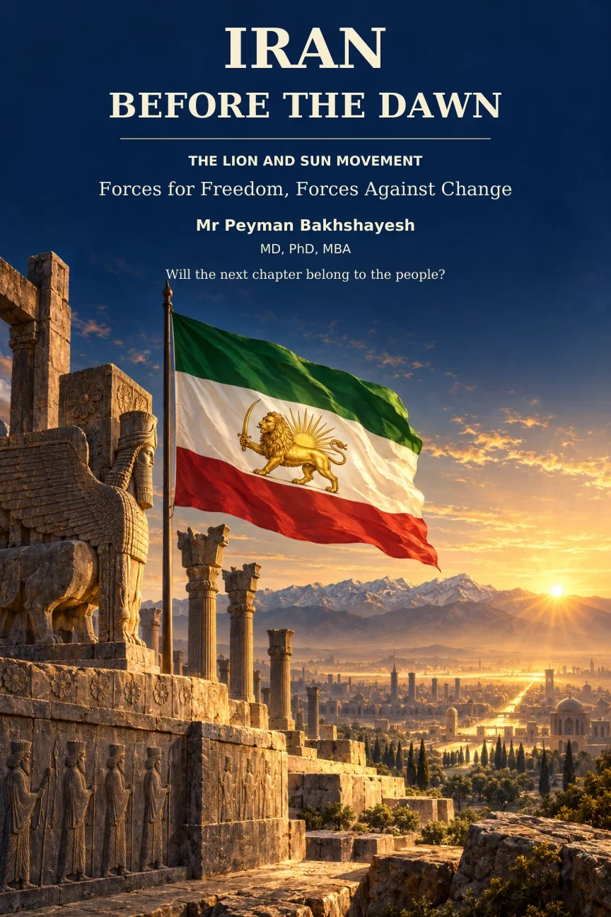Iran Before the Dawn, with the Lion and Sun flag and Iranian heritage