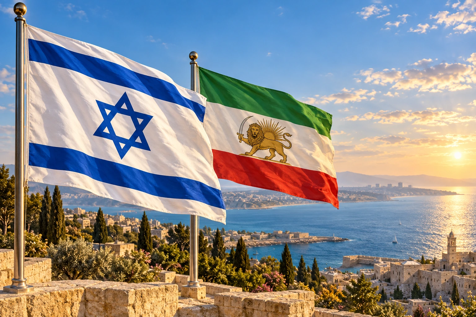 The Israeli flag beside Iran's Lion and Sun flag above a peaceful Mediterranean horizon