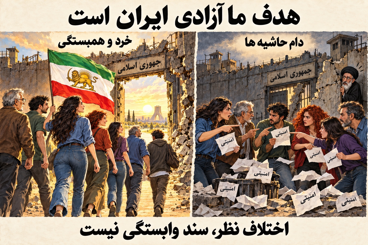 کارتون هدف ما آزادی ایران است دربارهٔ عبور از اتهام‌زنی و همکاری ملی زیر پرچم شیر و خورشید