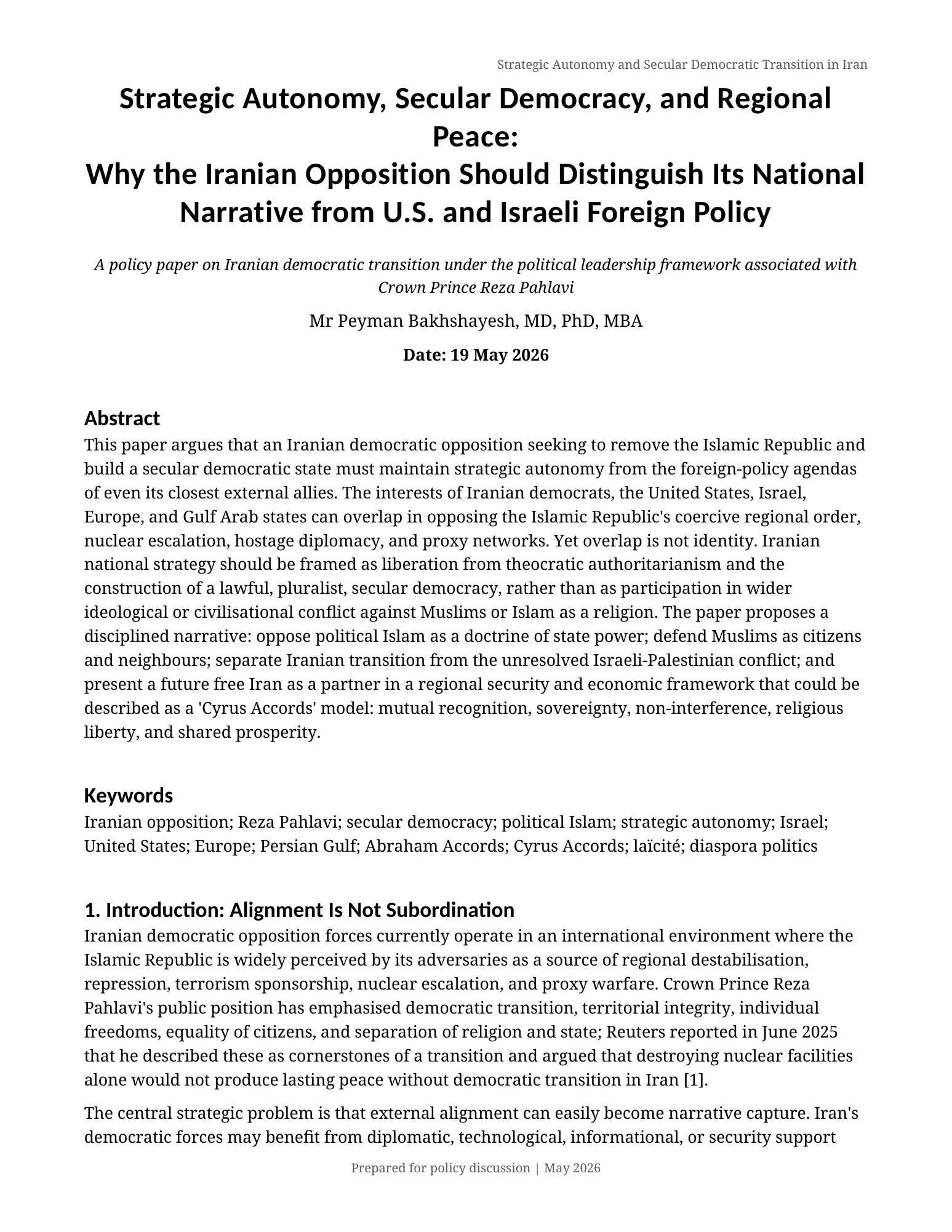 Strategic Autonomy, Secular Democracy, and Regional Peace: Why the Iranian Opposition Should Distinguish Its National Narrative from U.S. and Israeli Foreign Policy — Page 1 of 8